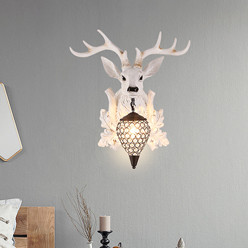 White Elk Wall Light Sconce Rural Resin 12"/20"/28" Wide Single Indoor Lighting Fixture with Drop Crystal Shade White Clearhalo 'Wall Lamps & Sconces' 'Wall Lights' Lighting' 1909130