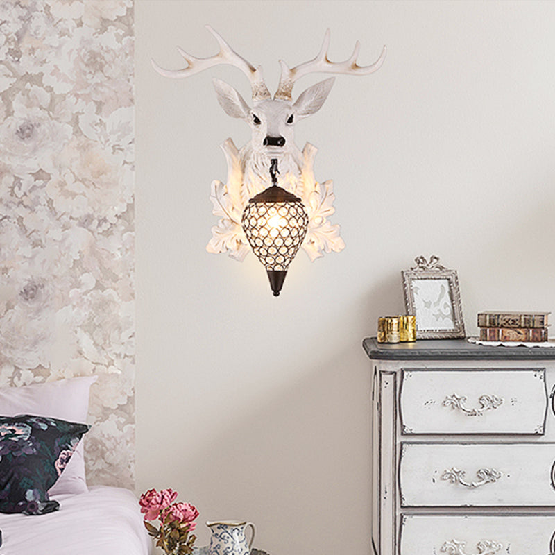 White Elk Wall Light Sconce Rural Resin 12"/20"/28" Wide Single Indoor Lighting Fixture with Drop Crystal Shade Clearhalo 'Wall Lamps & Sconces' 'Wall Lights' Lighting' 1909131