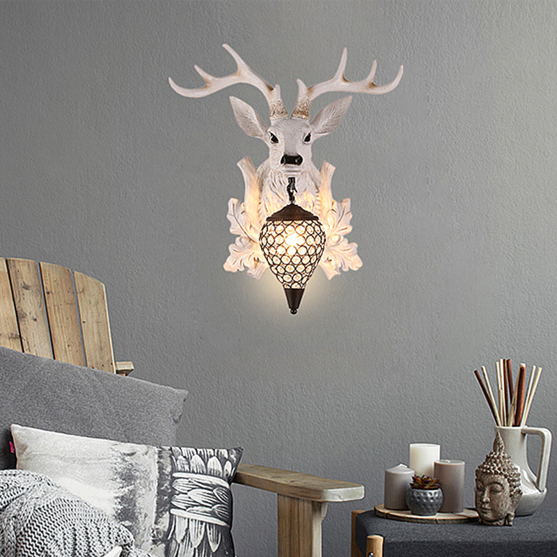 White Elk Wall Light Sconce Rural Resin 12"/20"/28" Wide Single Indoor Lighting Fixture with Drop Crystal Shade Clearhalo 'Wall Lamps & Sconces' 'Wall Lights' Lighting' 1909133