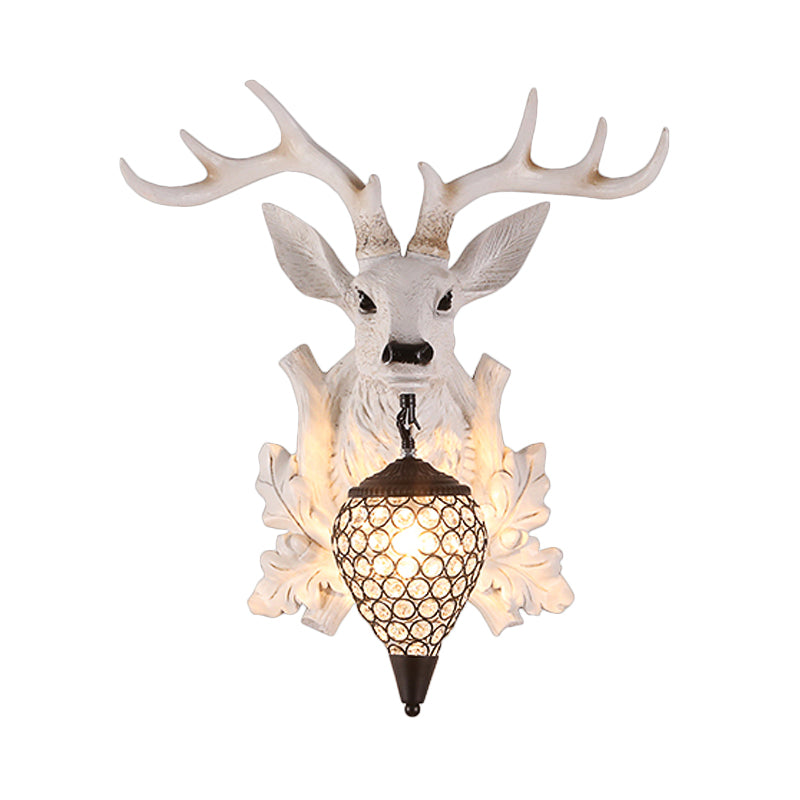 White Elk Wall Light Sconce Rural Resin 12"/20"/28" Wide Single Indoor Lighting Fixture with Drop Crystal Shade Clearhalo 'Wall Lamps & Sconces' 'Wall Lights' Lighting' 1909134