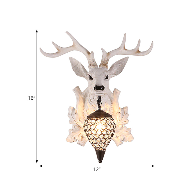 White Elk Wall Light Sconce Rural Resin 12"/20"/28" Wide Single Indoor Lighting Fixture with Drop Crystal Shade Clearhalo 'Wall Lamps & Sconces' 'Wall Lights' Lighting' 1909135