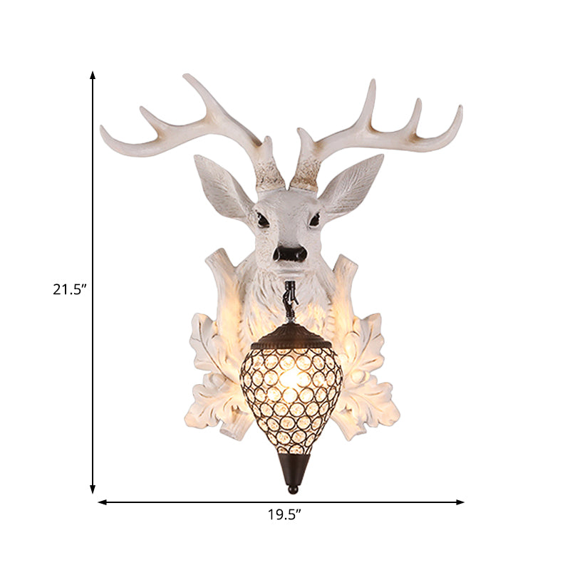 White Elk Wall Light Sconce Rural Resin 12"/20"/28" Wide Single Indoor Lighting Fixture with Drop Crystal Shade Clearhalo 'Wall Lamps & Sconces' 'Wall Lights' Lighting' 1909136