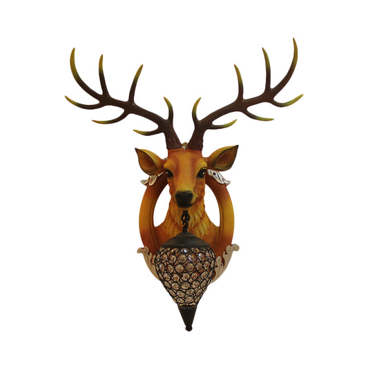 Brown Faux Deer Head Sconce Lamp Farmhouse Resin 16"/21" Wide 1 Bulb Living Room Wall Mounted Light with Drop Crystal Shade Clearhalo 'Wall Lamps & Sconces' 'Wall Lights' Lighting' 1909154