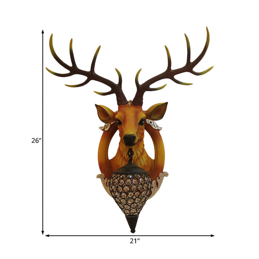 Brown Faux Deer Head Sconce Lamp Farmhouse Resin 16"/21" Wide 1 Bulb Living Room Wall Mounted Light with Drop Crystal Shade Clearhalo 'Wall Lamps & Sconces' 'Wall Lights' Lighting' 1909156