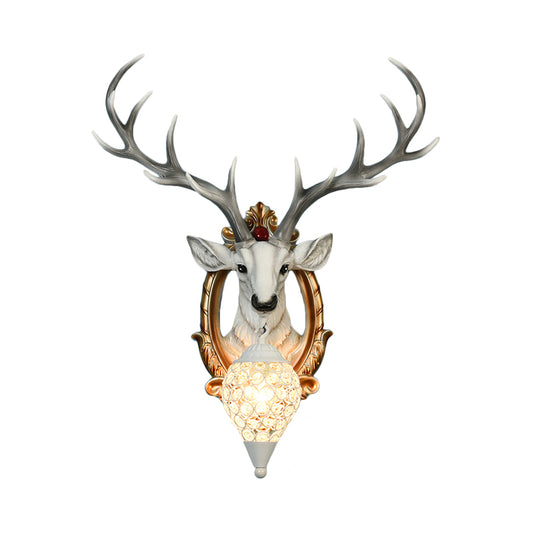 Single-Bulb Gridded Raindrop Sconce Countryside White/Yellow Crystal Wall Mounted Lamp with Resin Deer, 19.5"/24.5" Wide Clearhalo 'Wall Lamps & Sconces' 'Wall Lights' Lighting' 1909163