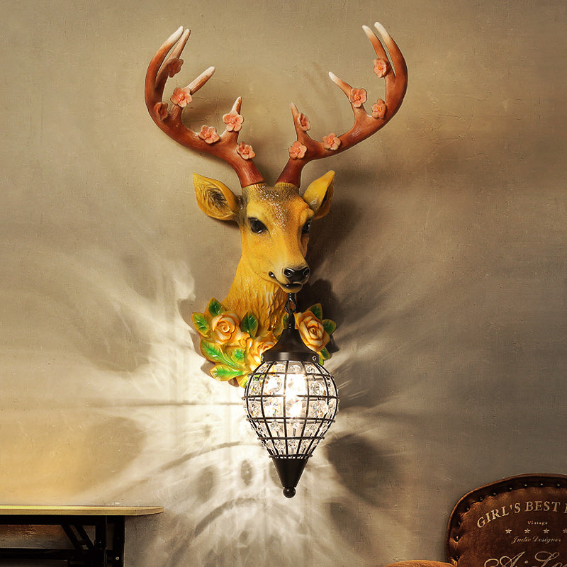 1-Light Elk Head Sconce Light Farmhouse Black/White/Black-Yellow Resin Wall Lamp with Flower Detail and Raindrop Crystal Shade Yellow-Black Clearhalo 'Wall Lamps & Sconces' 'Wall Lights' Lighting' 1909172