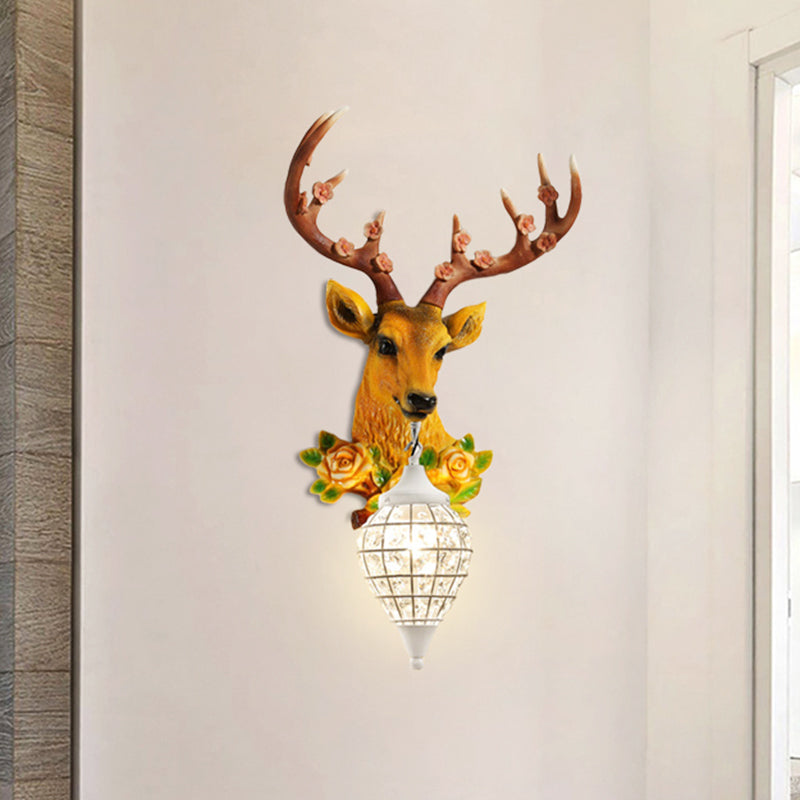 1-Light Elk Head Sconce Light Farmhouse Black/White/Black-Yellow Resin Wall Lamp with Flower Detail and Raindrop Crystal Shade Yellow-White Clearhalo 'Wall Lamps & Sconces' 'Wall Lights' Lighting' 1909175