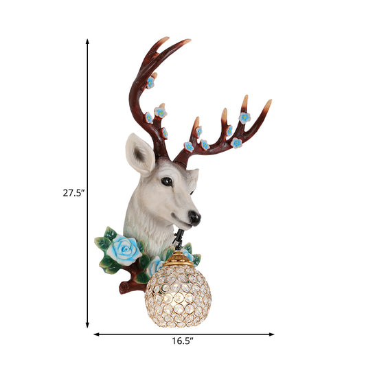 Rural Elk Head Sconce 1 Bulb Resin Wall Mounted Lighting in White/Wood with Flower Decor and Globe Crystal Shade, Left/Right Clearhalo 'Wall Lamps & Sconces' 'Wall Lights' Lighting' 1909188