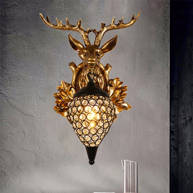 Brown/Gold 1 Bulb Sconce Fixture Farmhouse Teardrop Crystal Inlaid Wall Mount Lamp with Elk Head Backplate, 12"/19.5" Wide Clearhalo 'Wall Lamps & Sconces' 'Wall Lights' Lighting' 1909191