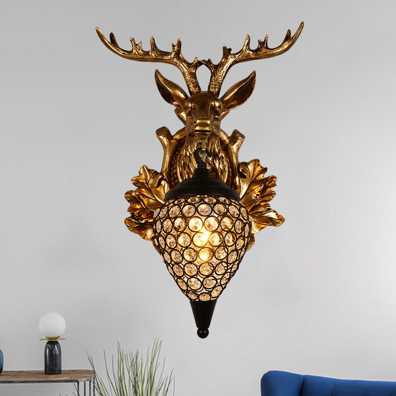 Brown/Gold 1 Bulb Sconce Fixture Farmhouse Teardrop Crystal Inlaid Wall Mount Lamp with Elk Head Backplate, 12"/19.5" Wide Gold 12" Clearhalo 'Wall Lamps & Sconces' 'Wall Lights' Lighting' 1909192