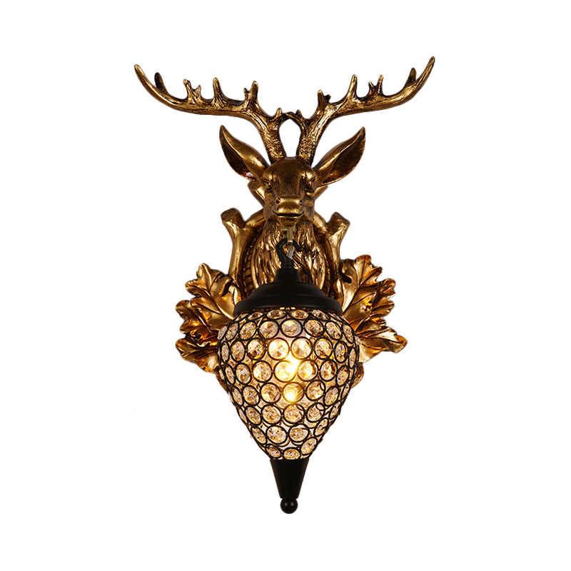 Brown/Gold 1 Bulb Sconce Fixture Farmhouse Teardrop Crystal Inlaid Wall Mount Lamp with Elk Head Backplate, 12"/19.5" Wide Clearhalo 'Wall Lamps & Sconces' 'Wall Lights' Lighting' 1909193