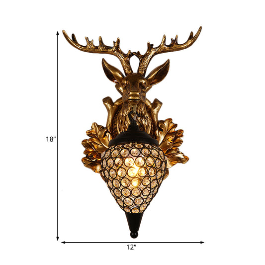 Brown/Gold 1 Bulb Sconce Fixture Farmhouse Teardrop Crystal Inlaid Wall Mount Lamp with Elk Head Backplate, 12"/19.5" Wide Clearhalo 'Wall Lamps & Sconces' 'Wall Lights' Lighting' 1909194