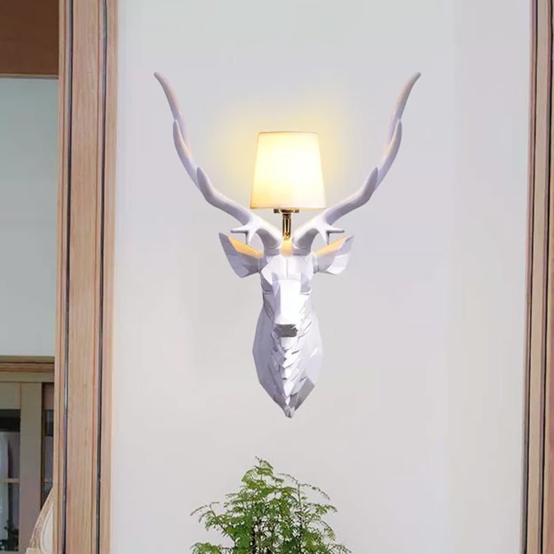 Resin White/Blue Sconce Ideas Engraved Deer 1 Light Rustic Style Wall Light Fixture with Cone Shade, 14.5"/20" Wide White Clearhalo 'Wall Lamps & Sconces' 'Wall Lights' Lighting' 1909201