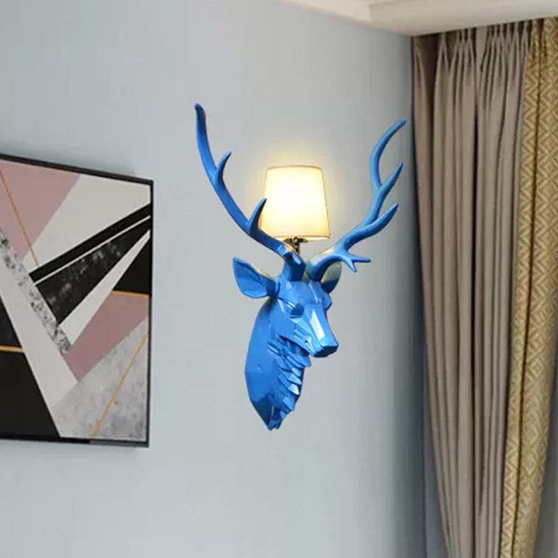 Resin White/Blue Sconce Ideas Engraved Deer 1 Light Rustic Style Wall Light Fixture with Cone Shade, 14.5"/20" Wide Blue Clearhalo 'Wall Lamps & Sconces' 'Wall Lights' Lighting' 1909206