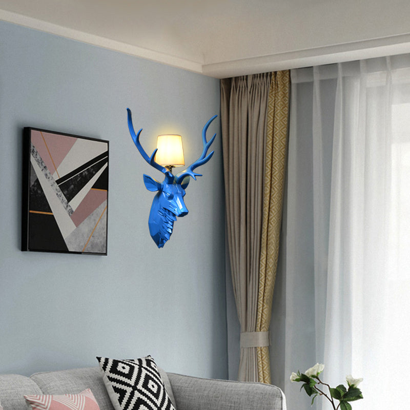 Resin White/Blue Sconce Ideas Engraved Deer 1 Light Rustic Style Wall Light Fixture with Cone Shade, 14.5"/20" Wide Clearhalo 'Wall Lamps & Sconces' 'Wall Lights' Lighting' 1909207