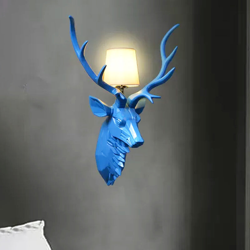 Resin White/Blue Sconce Ideas Engraved Deer 1 Light Rustic Style Wall Light Fixture with Cone Shade, 14.5"/20" Wide Clearhalo 'Wall Lamps & Sconces' 'Wall Lights' Lighting' 1909208