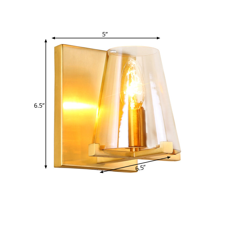 1 Head Wall Mount Light Colonialism Cone Shape Clear Glass Wall Sconce in Brass for Kitchen Clearhalo 'Wall Lamps & Sconces' 'Wall Lights' Lighting' 1909214