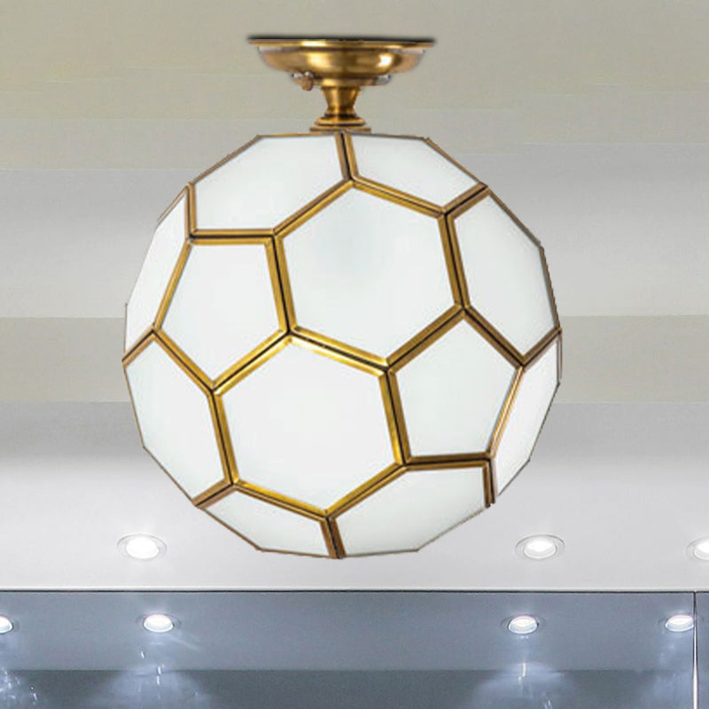 1 Head Flushmount Ceiling Lamp Traditional Faceted Sphere Clear/Cream/Textured White Glass Semi Flush Mount Light in Brass, 8"/12"/16" Wide Cream Clearhalo 'Ceiling Lights' 'Close To Ceiling Lights' 'Close to ceiling' 'Glass shade' 'Glass' 'Semi-flushmount' Lighting' 1909247