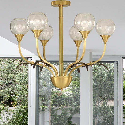 Ball Clear Glass Flushmount Lighting Vintage 3/6 Heads Sitting Room Semi Flush Chandelier in Brass 6 Brass Clearhalo 'Ceiling Lights' 'Close To Ceiling Lights' 'Close to ceiling' 'Semi-flushmount' Lighting' 1909280