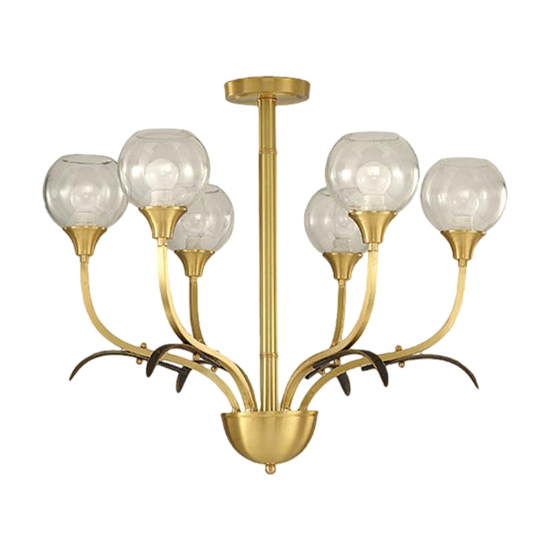 Ball Clear Glass Flushmount Lighting Vintage 3/6 Heads Sitting Room Semi Flush Chandelier in Brass Clearhalo 'Ceiling Lights' 'Close To Ceiling Lights' 'Close to ceiling' 'Semi-flushmount' Lighting' 1909281