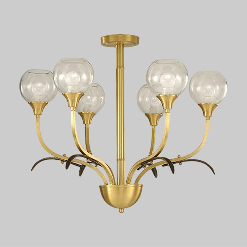 Ball Clear Glass Flushmount Lighting Vintage 3/6 Heads Sitting Room Semi Flush Chandelier in Brass Clearhalo 'Ceiling Lights' 'Close To Ceiling Lights' 'Close to ceiling' 'Semi-flushmount' Lighting' 1909282