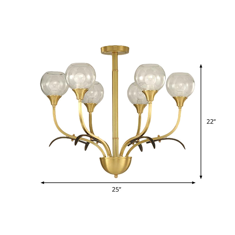 Ball Clear Glass Flushmount Lighting Vintage 3/6 Heads Sitting Room Semi Flush Chandelier in Brass Clearhalo 'Ceiling Lights' 'Close To Ceiling Lights' 'Close to ceiling' 'Semi-flushmount' Lighting' 1909283