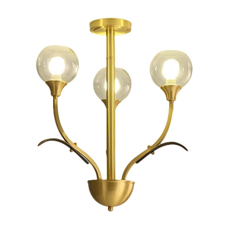 Ball Clear Glass Flushmount Lighting Vintage 3/6 Heads Sitting Room Semi Flush Chandelier in Brass Clearhalo 'Ceiling Lights' 'Close To Ceiling Lights' 'Close to ceiling' 'Semi-flushmount' Lighting' 1909287