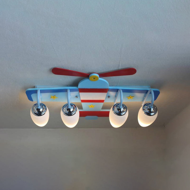 Aircraft Ceiling Mounted Lamp Cartoon Milk Glass 4 Bulbs Blue Flush Mount Lighting Fixture Clearhalo 'Ceiling Lights' 'Close To Ceiling Lights' 'Close to ceiling' 'Flush mount' Lighting' 1909299