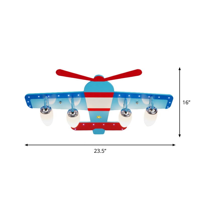 Cartoon 3/4-Light Flushmount Blue Airplane Close to Ceiling Lamp with Oval White Glass Shade, Warm/White Light Clearhalo 'Ceiling Lights' 'Close To Ceiling Lights' 'Close to ceiling' 'Flush mount' Lighting' 1909306