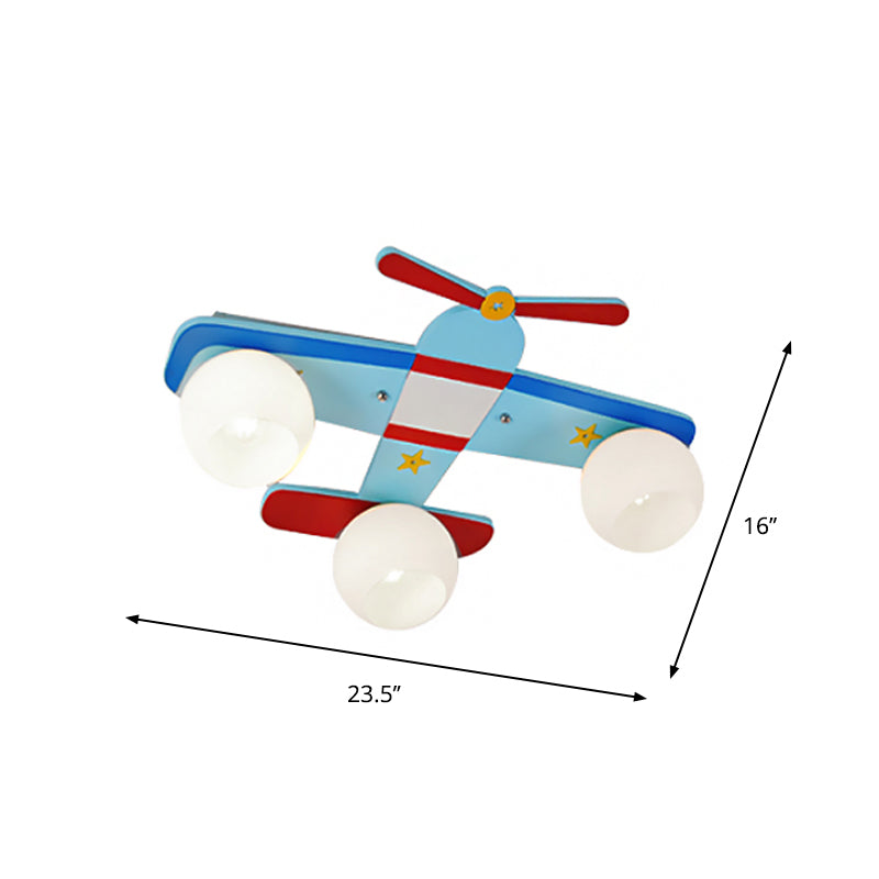 Cartoon 3/4-Light Flushmount Blue Airplane Close to Ceiling Lamp with Oval White Glass Shade, Warm/White Light Clearhalo 'Ceiling Lights' 'Close To Ceiling Lights' 'Close to ceiling' 'Flush mount' Lighting' 1909309