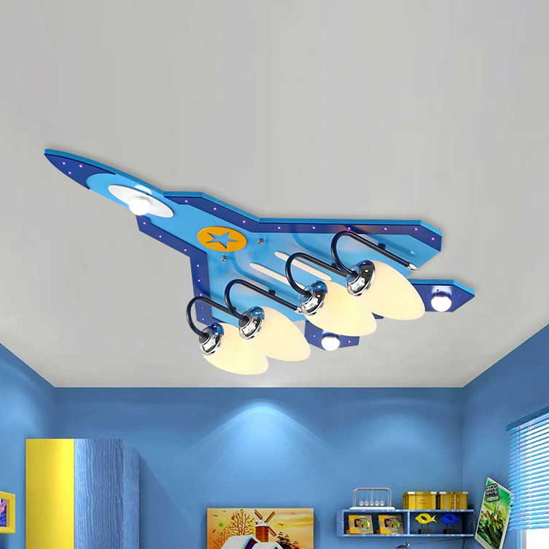 Blue Plane Close to Ceiling Lamp Cartoon 3/5-Bulb Wooden Flushmount Lighting in Warm/White Light Clearhalo 'Ceiling Lights' 'Close To Ceiling Lights' 'Close to ceiling' 'Flush mount' Lighting' 1909325