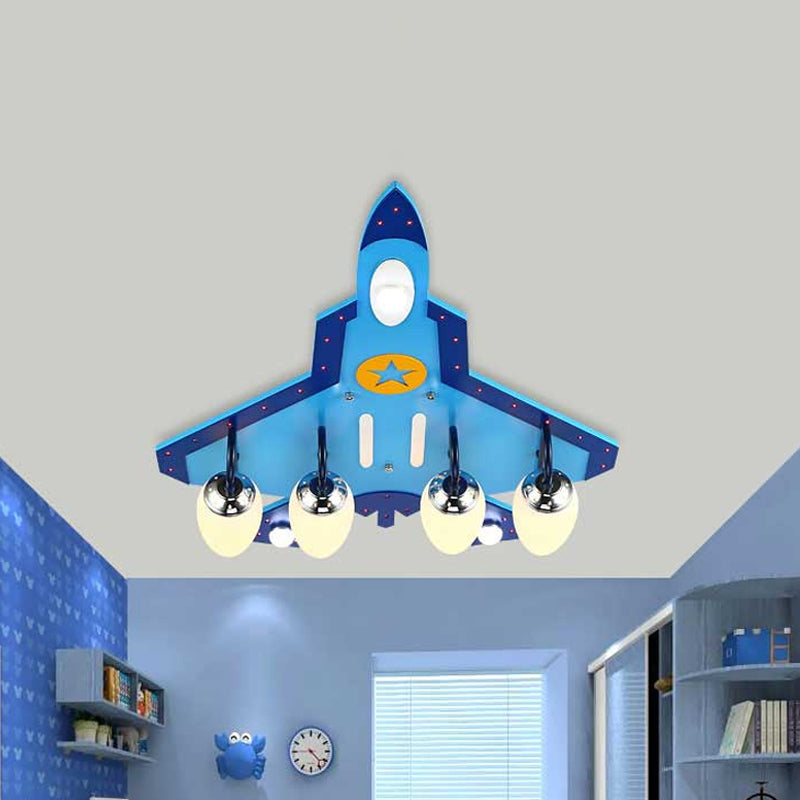 Blue Plane Close to Ceiling Lamp Cartoon 3/5-Bulb Wooden Flushmount Lighting in Warm/White Light Clearhalo 'Ceiling Lights' 'Close To Ceiling Lights' 'Close to ceiling' 'Flush mount' Lighting' 1909326