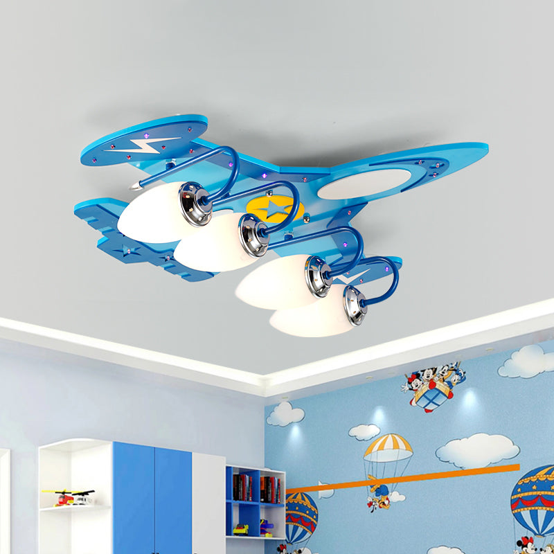 Kids Jet Aircraft Flush Light Wood 4 Heads Bedroom Flush Mount Ceiling Lighting in Blue with Oval Milk Glass Shade 4 Blue Clearhalo 'Ceiling Lights' 'Close To Ceiling Lights' 'Close to ceiling' 'Flush mount' Lighting' 1909329