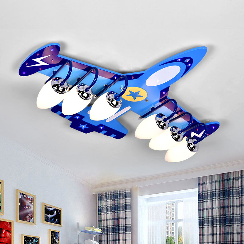 Wood Jet Ceiling Flush Light Cartoon 6 Bulbs Blue Flush-Mount Light Fixture for Child Room Blue Clearhalo 'Ceiling Lights' 'Close To Ceiling Lights' 'Close to ceiling' 'Flush mount' Lighting' 1909334