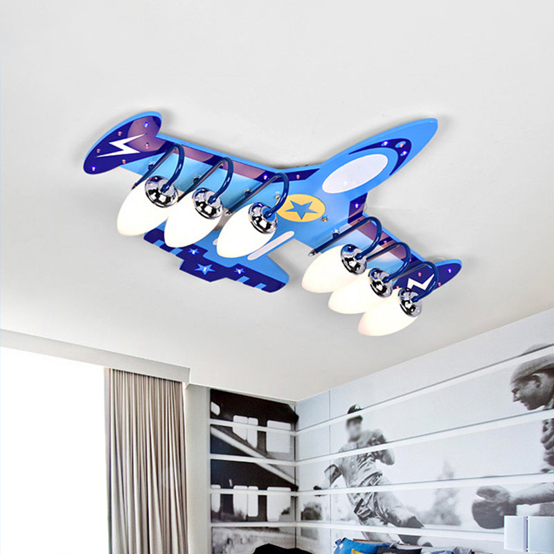 Wood Jet Ceiling Flush Light Cartoon 6 Bulbs Blue Flush-Mount Light Fixture for Child Room Clearhalo 'Ceiling Lights' 'Close To Ceiling Lights' 'Close to ceiling' 'Flush mount' Lighting' 1909335