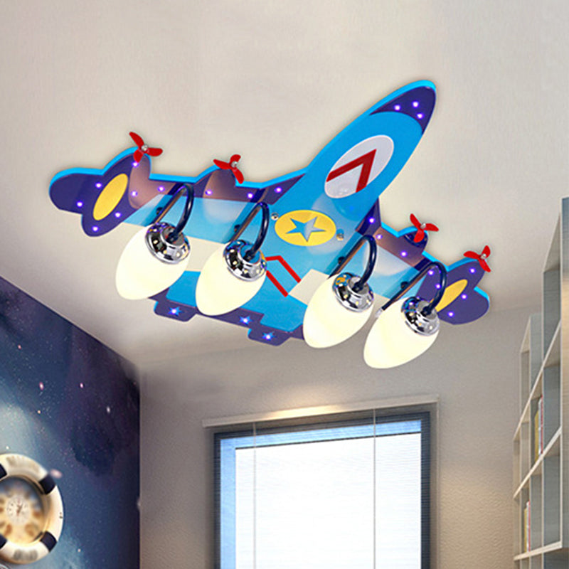 4-Bulb Bedroom Flush Mount Lamp Kid Blue Plane Ceiling Fixture with Ellipse Opal Glass Shade Blue Clearhalo 'Ceiling Lights' 'Close To Ceiling Lights' 'Close to ceiling' 'Flush mount' Lighting' 1909344