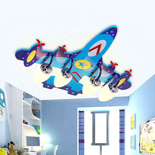 4-Bulb Bedroom Flush Mount Lamp Kid Blue Plane Ceiling Fixture with Ellipse Opal Glass Shade Clearhalo 'Ceiling Lights' 'Close To Ceiling Lights' 'Close to ceiling' 'Flush mount' Lighting' 1909345