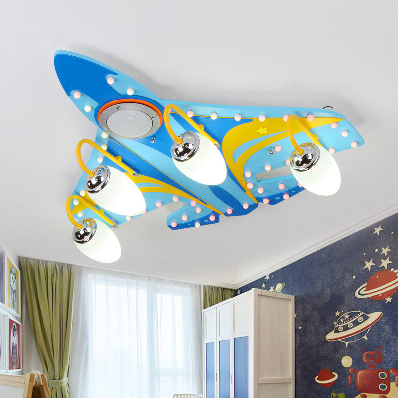 Jet Close to Ceiling Lighting Fixture Cartoon Wooden 4 Heads Bedroom Flush Light in Blue Blue Clearhalo 'Ceiling Lights' 'Close To Ceiling Lights' 'Close to ceiling' 'Flush mount' Lighting' 1909349