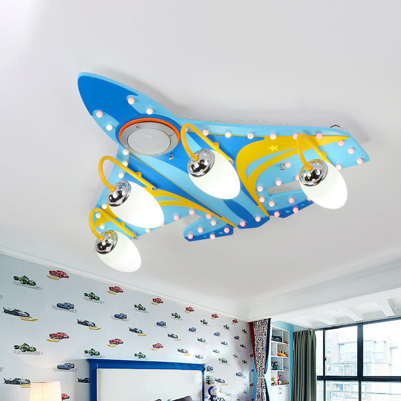 Jet Close to Ceiling Lighting Fixture Cartoon Wooden 4 Heads Bedroom Flush Light in Blue Clearhalo 'Ceiling Lights' 'Close To Ceiling Lights' 'Close to ceiling' 'Flush mount' Lighting' 1909350