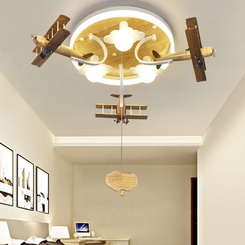 Yellow Cloud and Plane Flushmount Novelty Kids Style 3-Light Wood Ceiling Flush Light with Pulling Chain Clearhalo 'Ceiling Lights' 'Close To Ceiling Lights' 'Close to ceiling' 'Flush mount' Lighting' 1909354