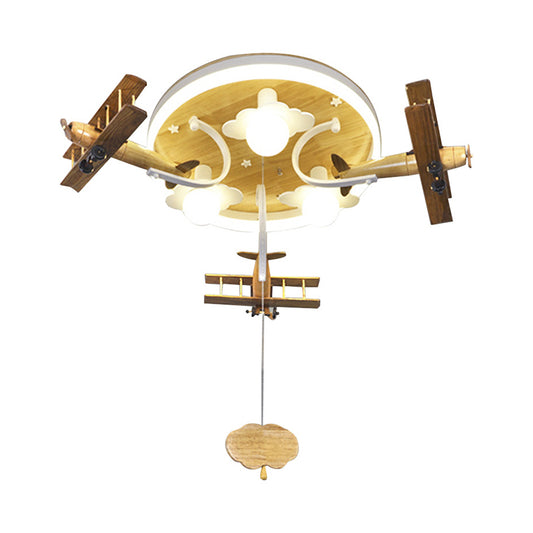 Yellow Cloud and Plane Flushmount Novelty Kids Style 3-Light Wood Ceiling Flush Light with Pulling Chain Clearhalo 'Ceiling Lights' 'Close To Ceiling Lights' 'Close to ceiling' 'Flush mount' Lighting' 1909356