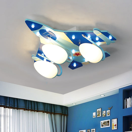 Bomber Plane Child Bedroom Ceiling Lamp Opaline Glass 3 Heads Cartoon Flush Mounted Lighting Fixture in Blue Blue Clearhalo 'Ceiling Lights' 'Close To Ceiling Lights' 'Close to ceiling' 'Flush mount' Lighting' 1909358