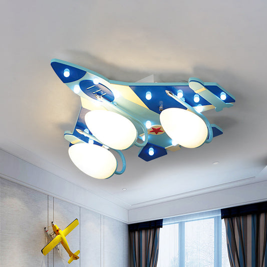 Bomber Plane Child Bedroom Ceiling Lamp Opaline Glass 3 Heads Cartoon Flush Mounted Lighting Fixture in Blue Clearhalo 'Ceiling Lights' 'Close To Ceiling Lights' 'Close to ceiling' 'Flush mount' Lighting' 1909359