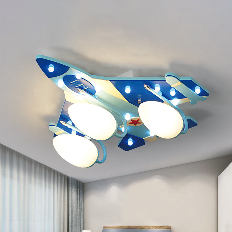 Bomber Plane Child Bedroom Ceiling Lamp Opaline Glass 3 Heads Cartoon Flush Mounted Lighting Fixture in Blue Clearhalo 'Ceiling Lights' 'Close To Ceiling Lights' 'Close to ceiling' 'Flush mount' Lighting' 1909360