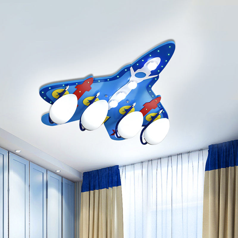 Cartoon 4 Bulbs Flush Ceiling Light Blue Jet Flushmount Lighting with White Glass Shade Blue Clearhalo 'Ceiling Lights' 'Close To Ceiling Lights' 'Close to ceiling' 'Flush mount' Lighting' 1909363