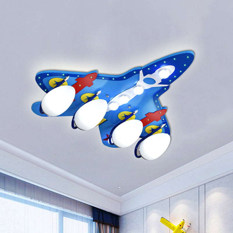 Cartoon 4 Bulbs Flush Ceiling Light Blue Jet Flushmount Lighting with White Glass Shade Clearhalo 'Ceiling Lights' 'Close To Ceiling Lights' 'Close to ceiling' 'Flush mount' Lighting' 1909364