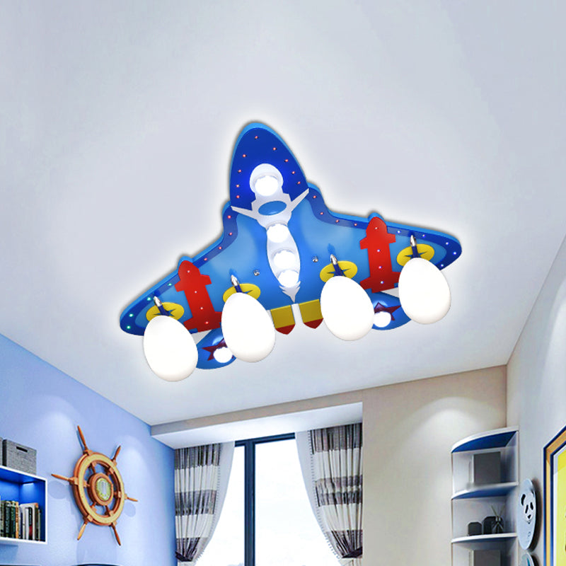 Cartoon 4 Bulbs Flush Ceiling Light Blue Jet Flushmount Lighting with White Glass Shade Clearhalo 'Ceiling Lights' 'Close To Ceiling Lights' 'Close to ceiling' 'Flush mount' Lighting' 1909365