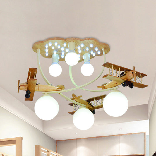 Creative Biplane Close to Ceiling Lamp Wooden 6 Heads Boys Room Flush Mount Light in Brown with Globe White Glass Shade Brown Clearhalo 'Ceiling Lights' 'Close To Ceiling Lights' 'Close to ceiling' 'Flush mount' Lighting' 1909368