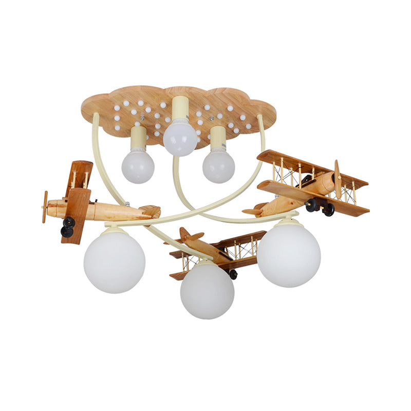 Creative Biplane Close to Ceiling Lamp Wooden 6 Heads Boys Room Flush Mount Light in Brown with Globe White Glass Shade Clearhalo 'Ceiling Lights' 'Close To Ceiling Lights' 'Close to ceiling' 'Flush mount' Lighting' 1909371