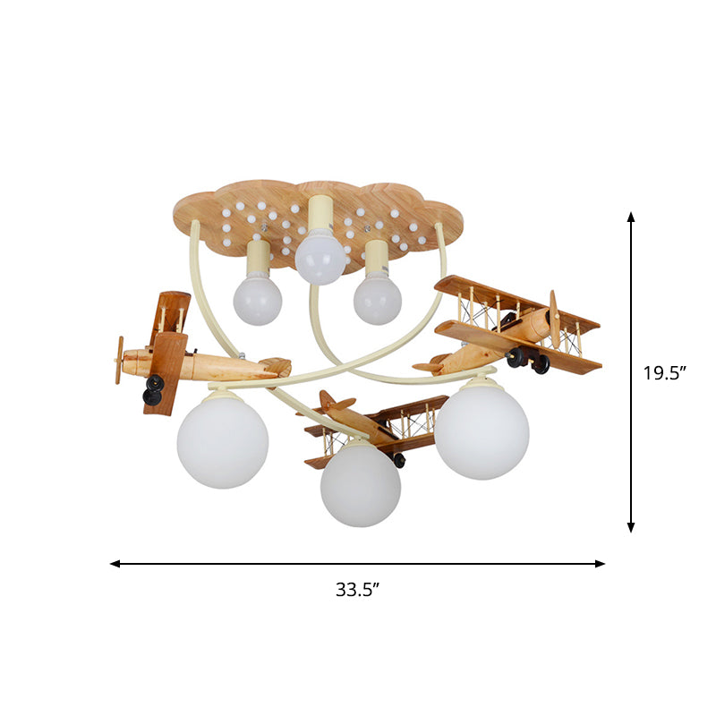 Creative Biplane Close to Ceiling Lamp Wooden 6 Heads Boys Room Flush Mount Light in Brown with Globe White Glass Shade Clearhalo 'Ceiling Lights' 'Close To Ceiling Lights' 'Close to ceiling' 'Flush mount' Lighting' 1909372